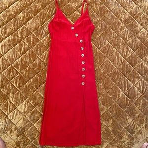 Red button up linen dress with slit